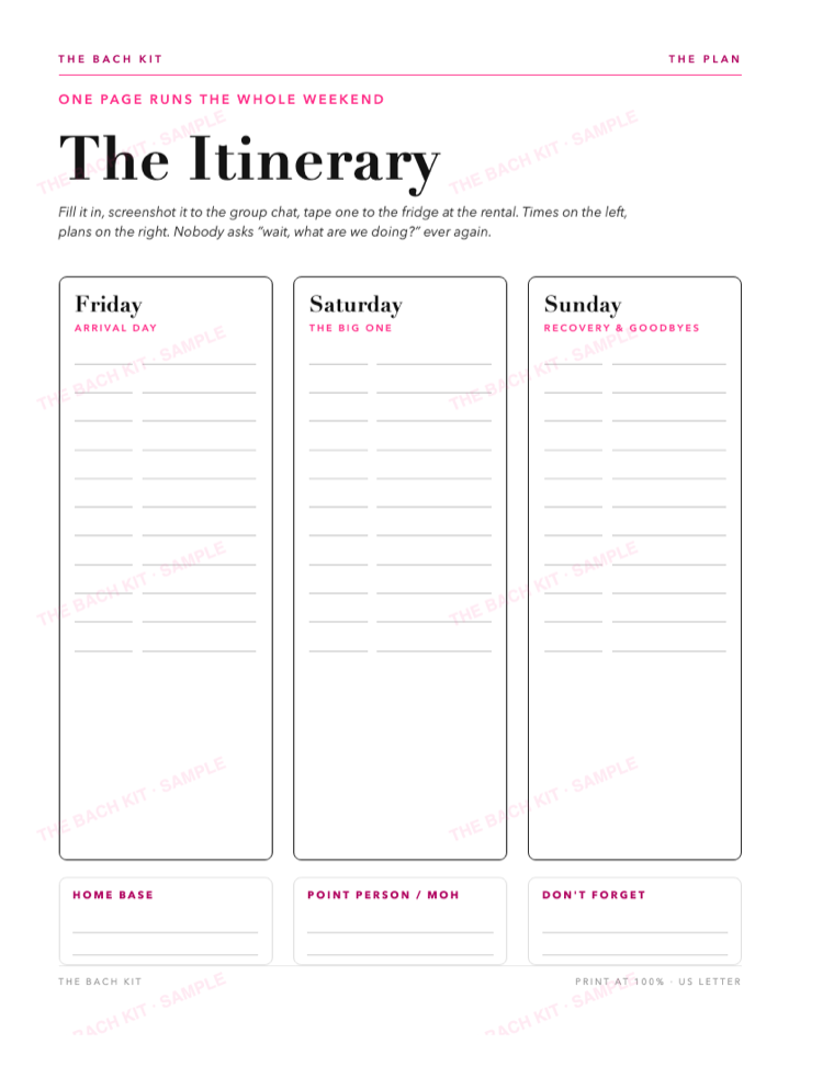 The weekend itinerary — three-day fill-in planner, full page preview