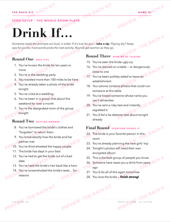 Drink If — printable bachelorette game, 28 prompts in 4 rounds