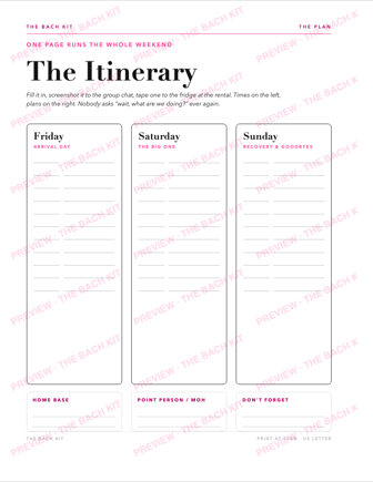 Bachelorette weekend itinerary template, 3-day fill-in